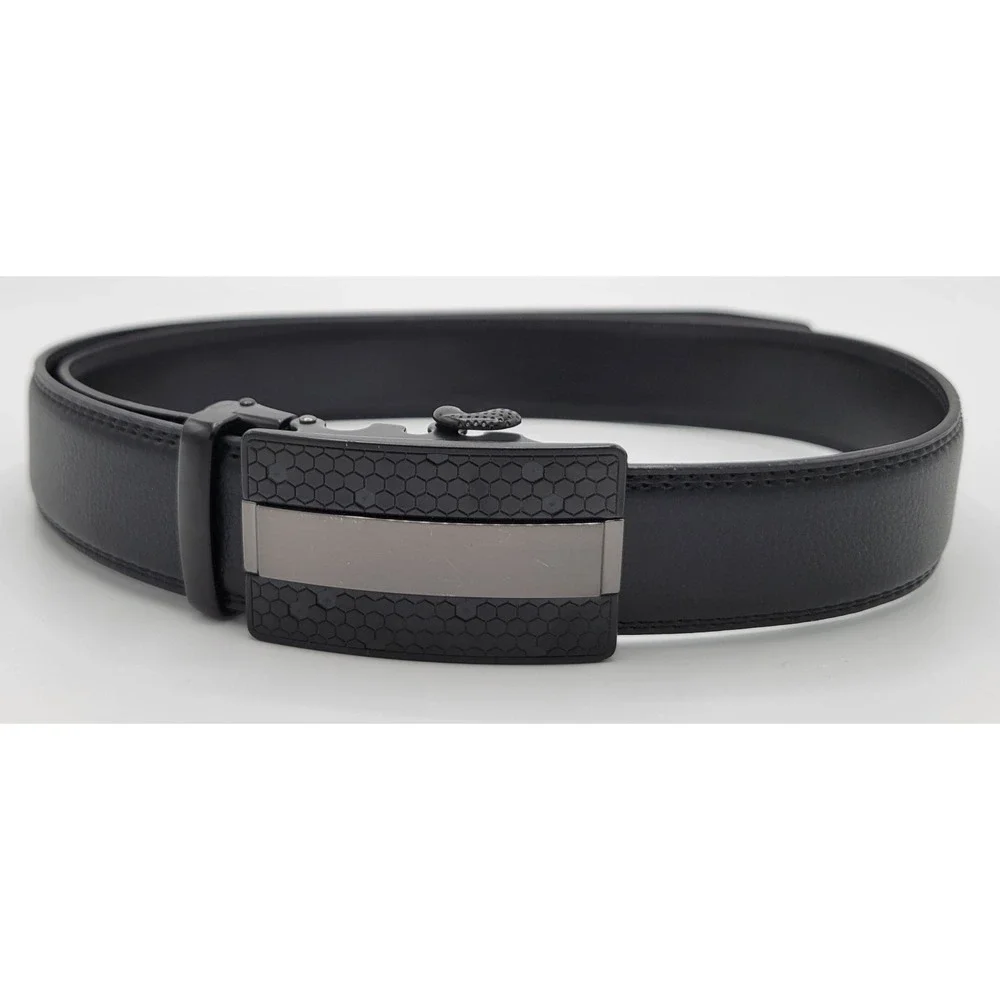 Black Ratchet Belt Automatic Slide Metal Buckle Hex Pattern Adjustable Mens 46